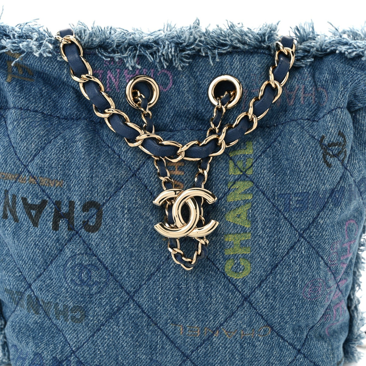 Denim Quilted Small Mood Bucket With Chain Blue Multicolor