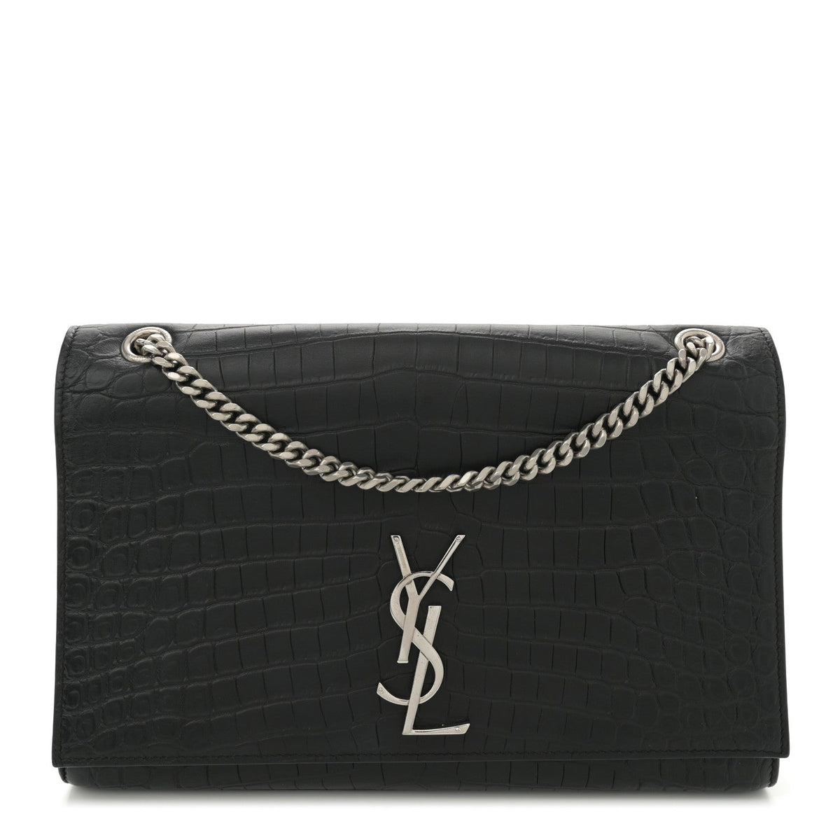 Calfskin Crocodile Embossed Large Classic Monogram Kate Satchel Black