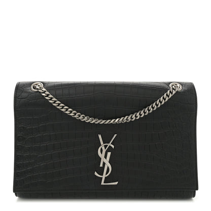 Calfskin Crocodile Embossed Large Classic Monogram Kate Satchel Black