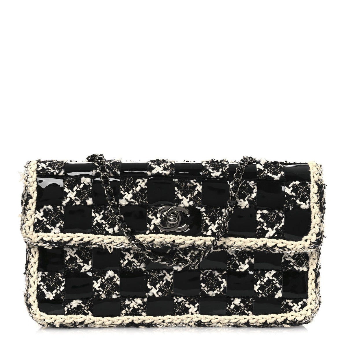 Tweed Patent Quilted Rectangular Flap Black White