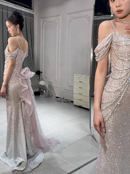 Light Pink Straps Off Shoulder Beading Mermaid Long Formal Party Dress, D282