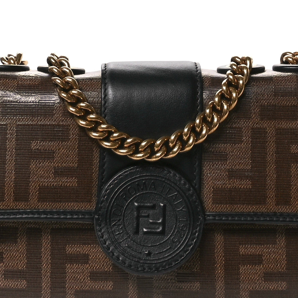 Glazed Fabric Vitello Century FF 1974 Stamp Patch Mini Double F Crossbody Bag Mogano Panna Black