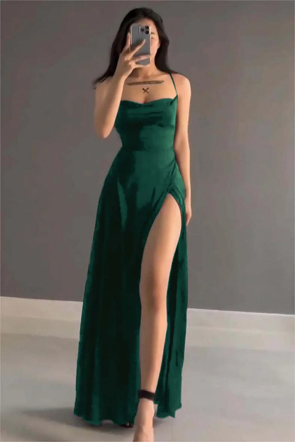 Burgundy A-Line Slit Prom Dress Satin Formal Party Dress, MD7984