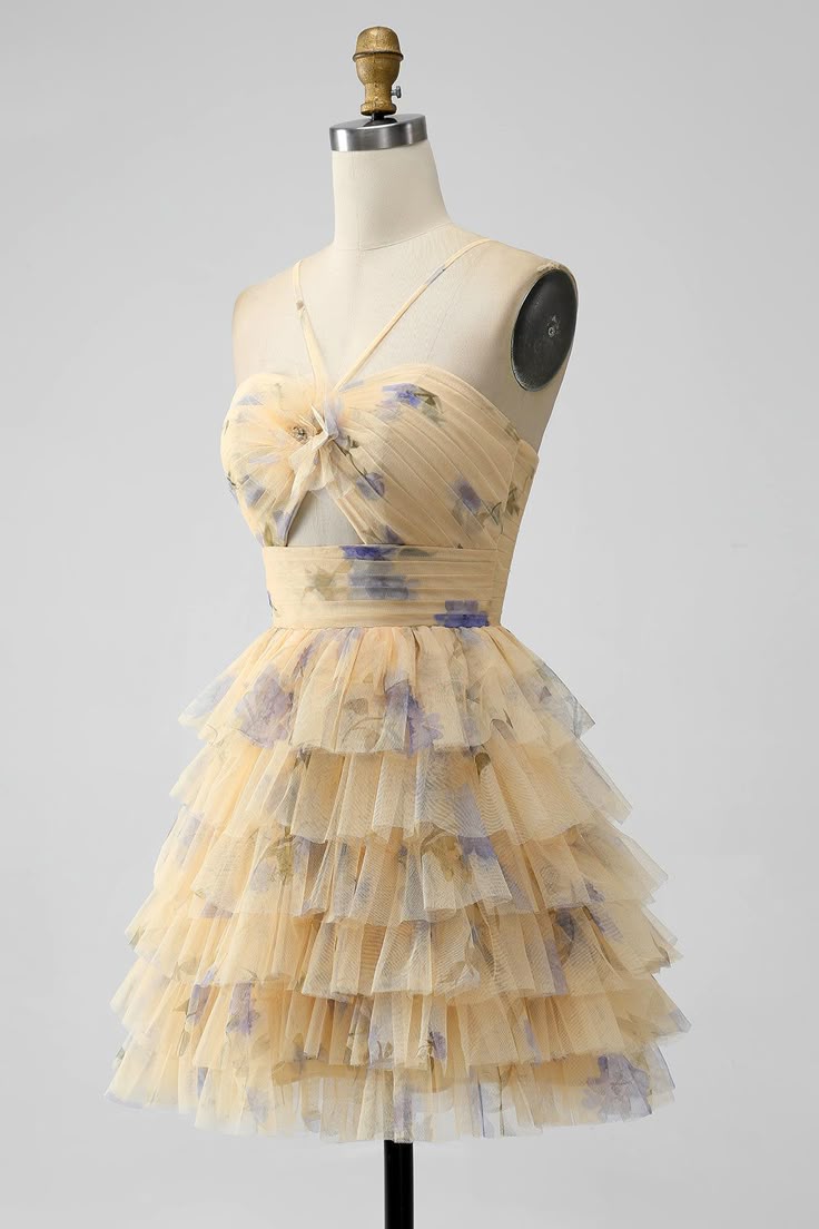 Vintage Yellow Floral Design A-line Spaghetti Strap Tiered Homecoming Dress, D1355