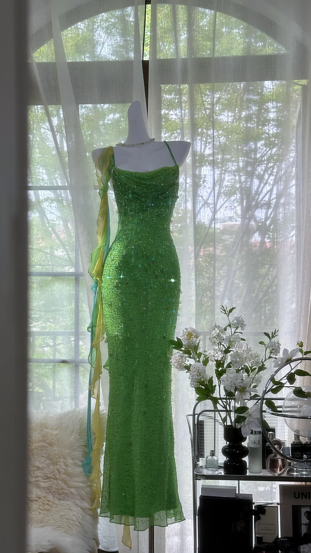 Vintage Shiny Sequin Green Spaghetti Strap Design A-line Romantic Chiffon Evening Dress Prom Dress D1505
