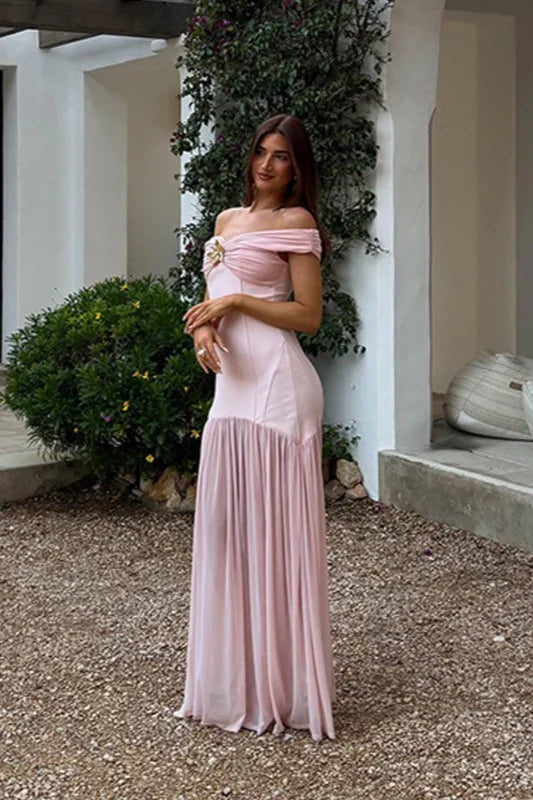 Sweety Light Pink Mermaid Off the Shoulder Chiffon Satin Prom Dress Evening Dress SH5764
