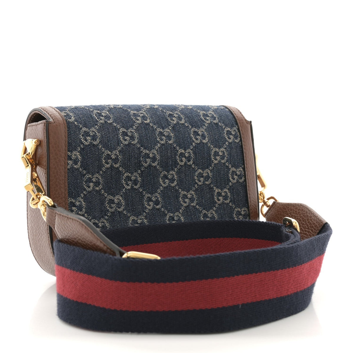 New Denim GG Monogram Dollar Calfskin Web Mini Horsebit 1955 Shoulder Bag Blue Tea Cuir Epilog