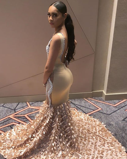 Sparkling Crystal Appliques Straps Black Girl Prom Dresses Open Back Mermaid Evening Dresses M0119