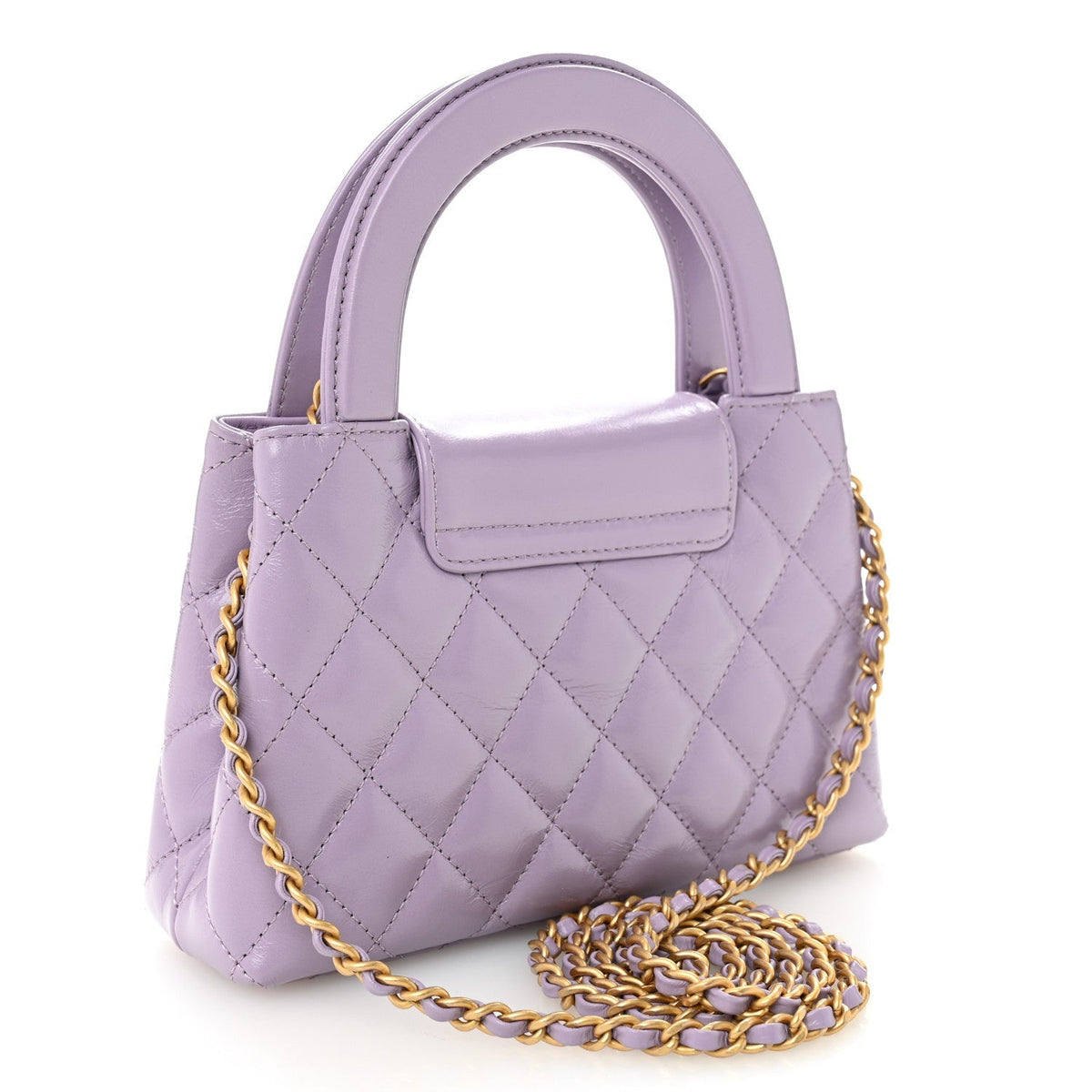 Shiny Aged Calfskin Quilted Nano Kelly Shopper Lilac