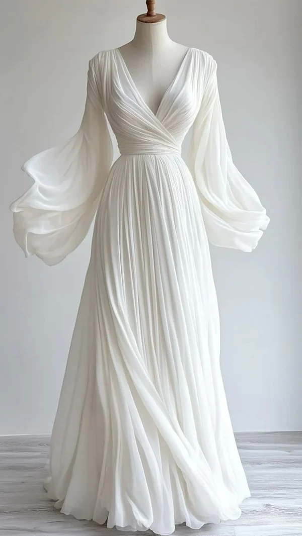 Modest White V Neck A-Line Chiffon Vintage Long Evening Party Dresses, D867