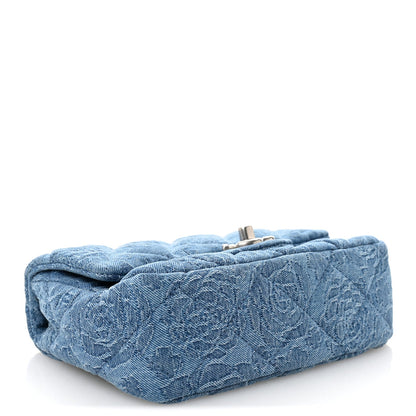 Denim Quilted Camellia Sweetheart Mini Flap Blue