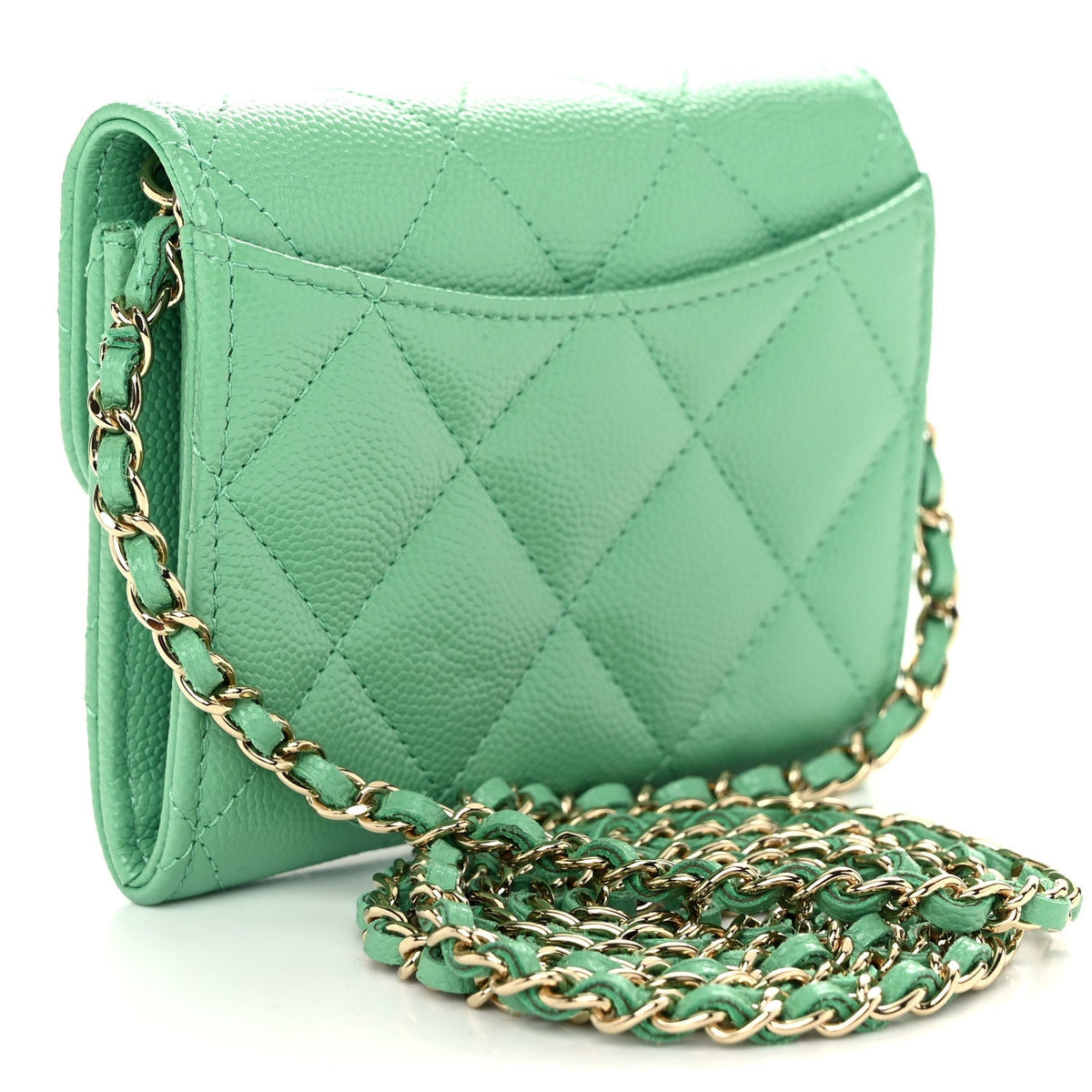 Caviar Quilted Flap Card Holder On Chain Light Green