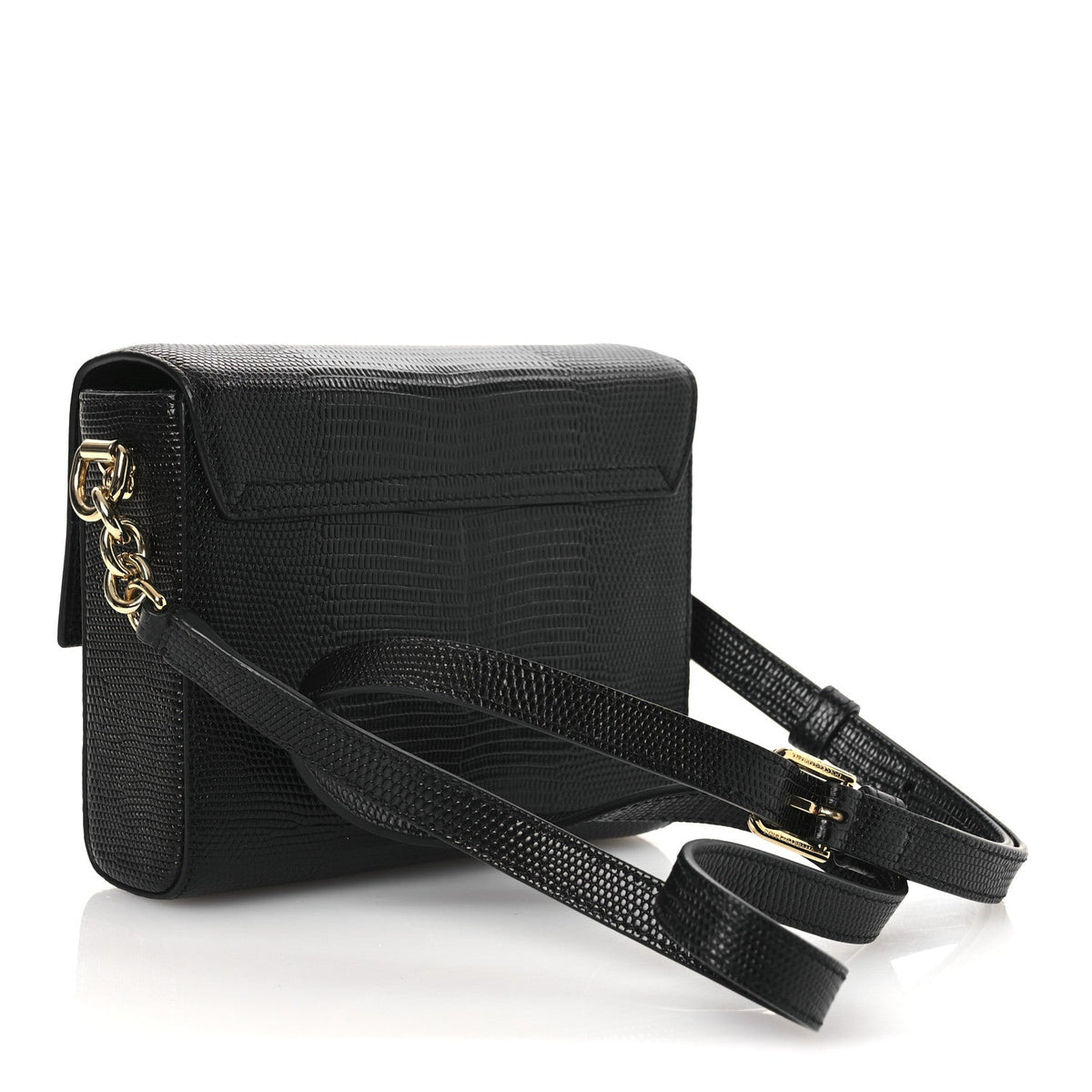Lizard Embossed Crystal Embellished DG Millennials Mini Crossbody Bag Black