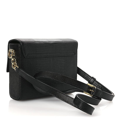 Lizard Embossed Crystal Embellished DG Millennials Mini Crossbody Bag Black
