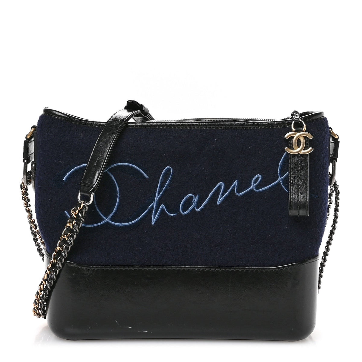 Calfskin Wool Embroidered Paris Hamburg Small Gabrielle Hobo Dark Navy Blue