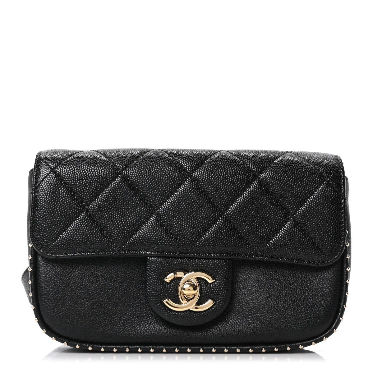 Caviar Quilted Studded Flap Waist Bag Black