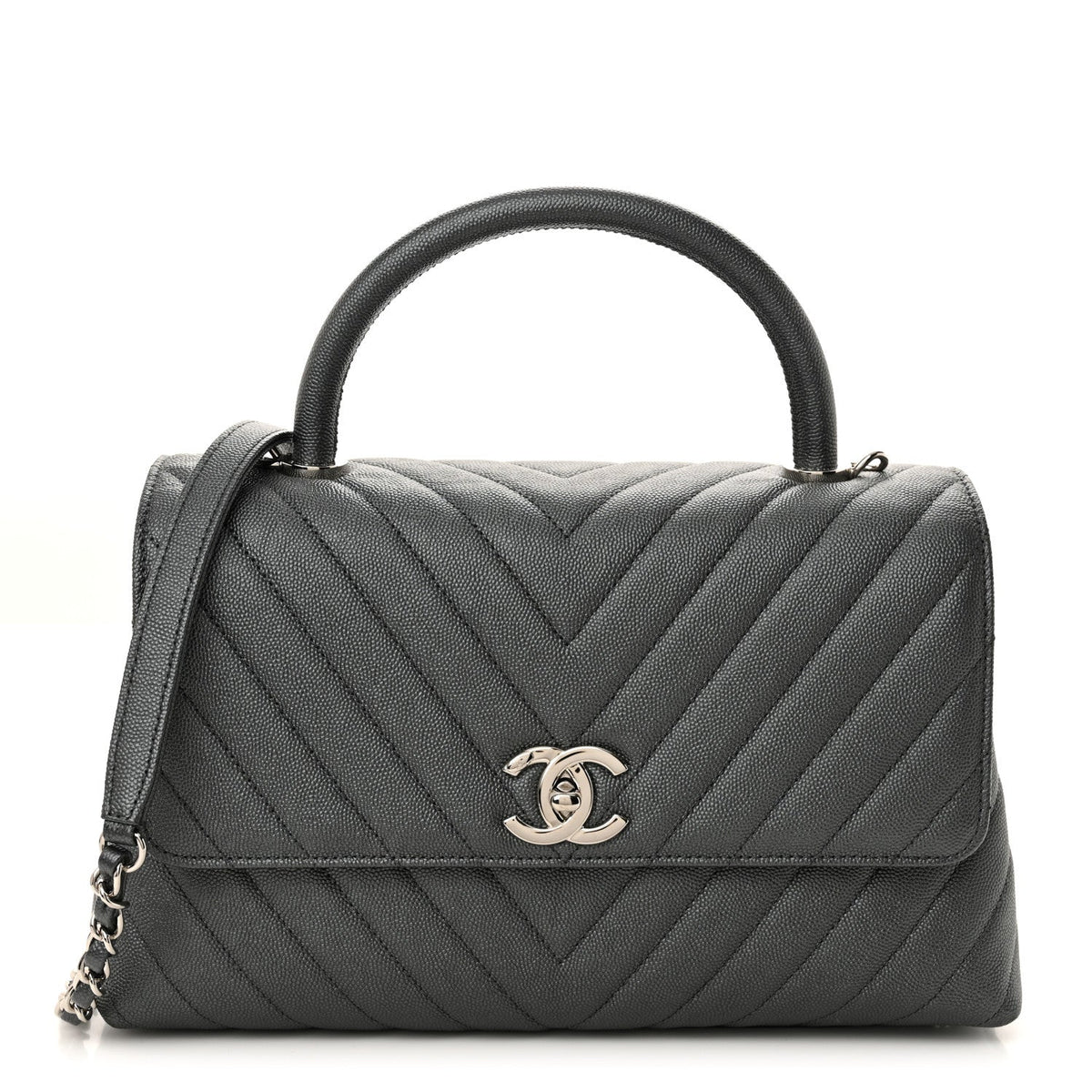 Metallic Caviar Chevron Quilted Small Coco Handle Flap Dark Silver