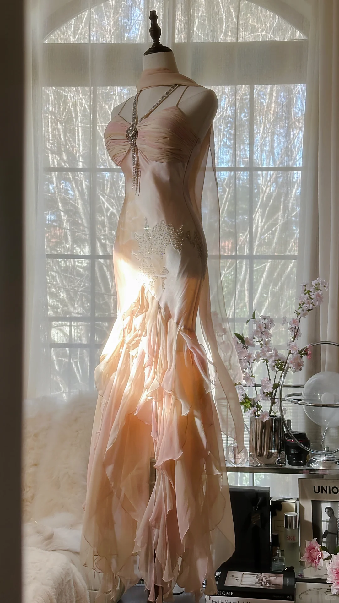 Vintage Mermaid Beaded Floral Design Romantic Chiffon Evening Dress Prom Dress D1512