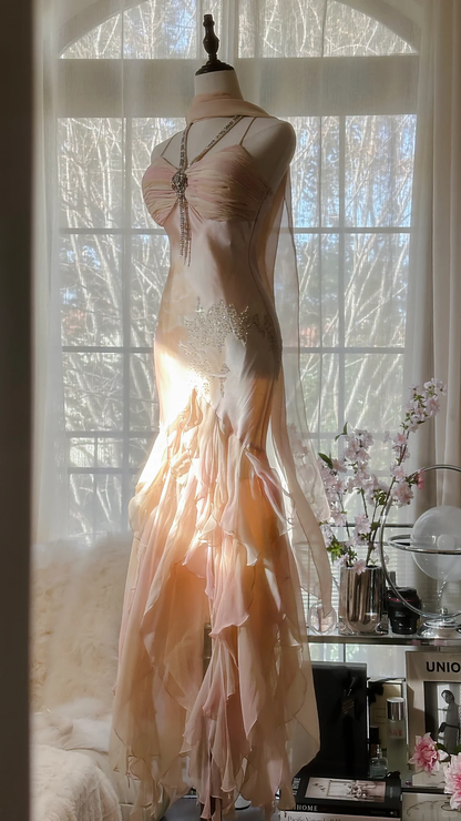 Vintage Mermaid Beaded Floral Design Romantic Chiffon Evening Dress Prom Dress D1512