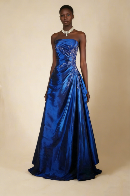 A-Line Navy Blue Strapless Satin Beading Vintage Long Party Dress Evening Dress, D790