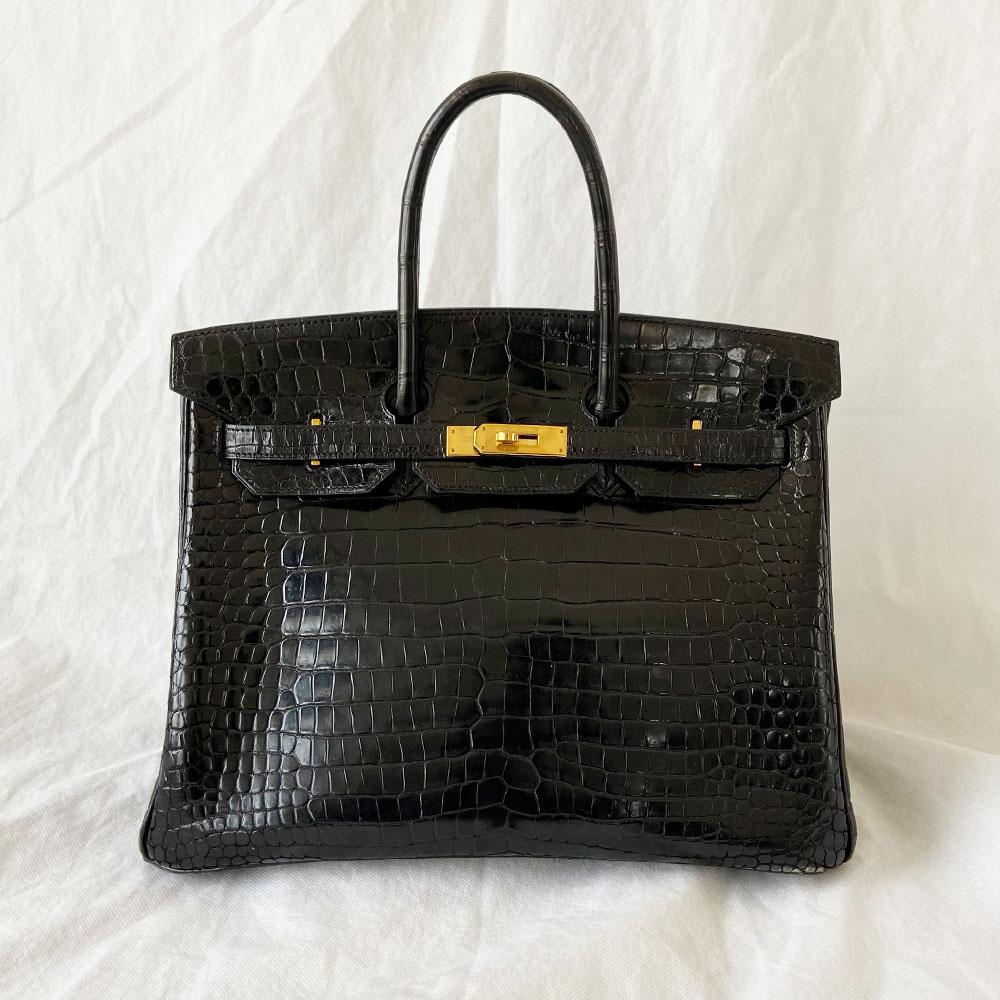 Hermès Black Shiny Porosus Crocodile Leather Gold Hardware Birkin 35 Bag