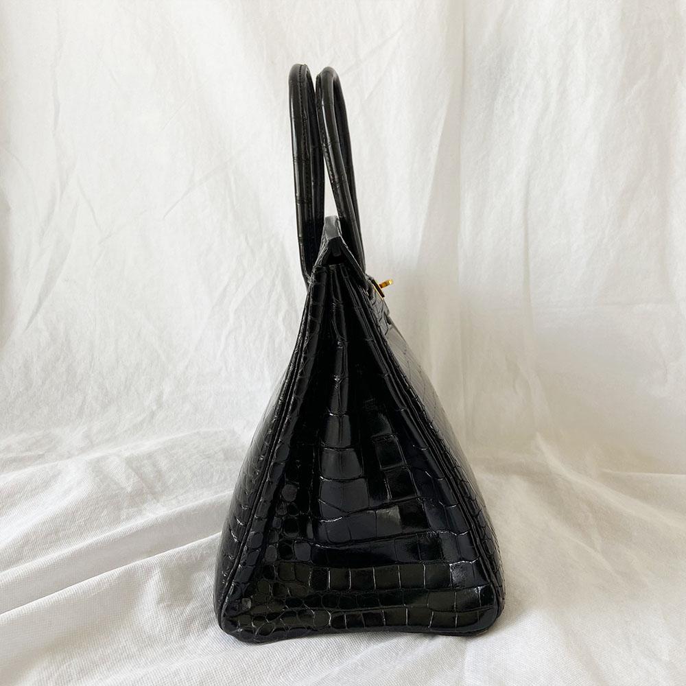 Hermès Black Shiny Porosus Crocodile Leather Gold Hardware Birkin 35 Bag