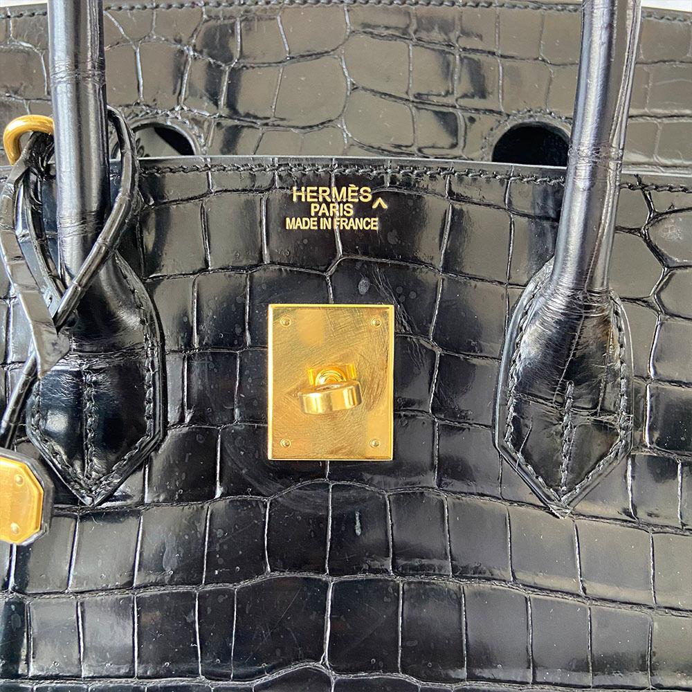 Hermès Black Shiny Porosus Crocodile Leather Gold Hardware Birkin 35 Bag