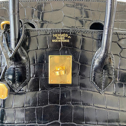 Hermès Black Shiny Porosus Crocodile Leather Gold Hardware Birkin 35 Bag