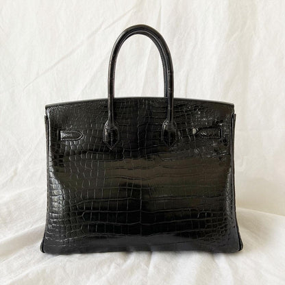 Hermès Black Shiny Porosus Crocodile Leather Gold Hardware Birkin 35 Bag