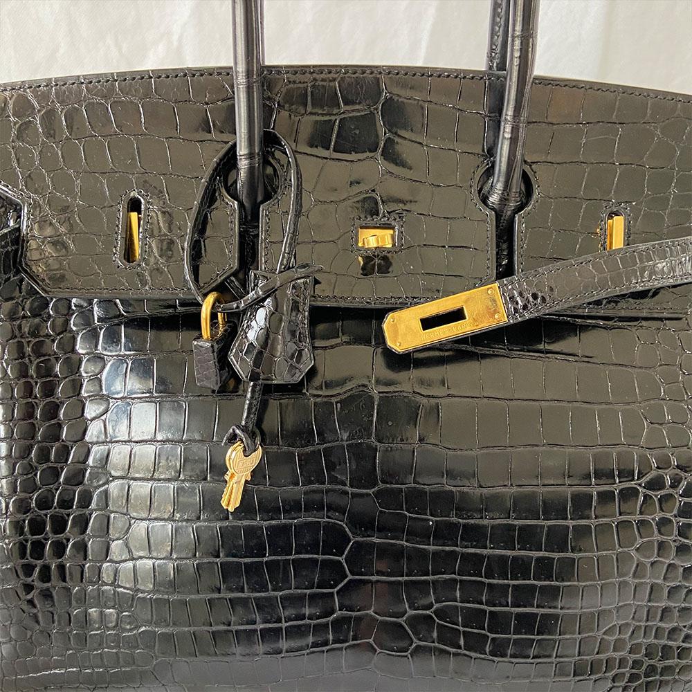 Hermès Black Shiny Porosus Crocodile Leather Gold Hardware Birkin 35 Bag