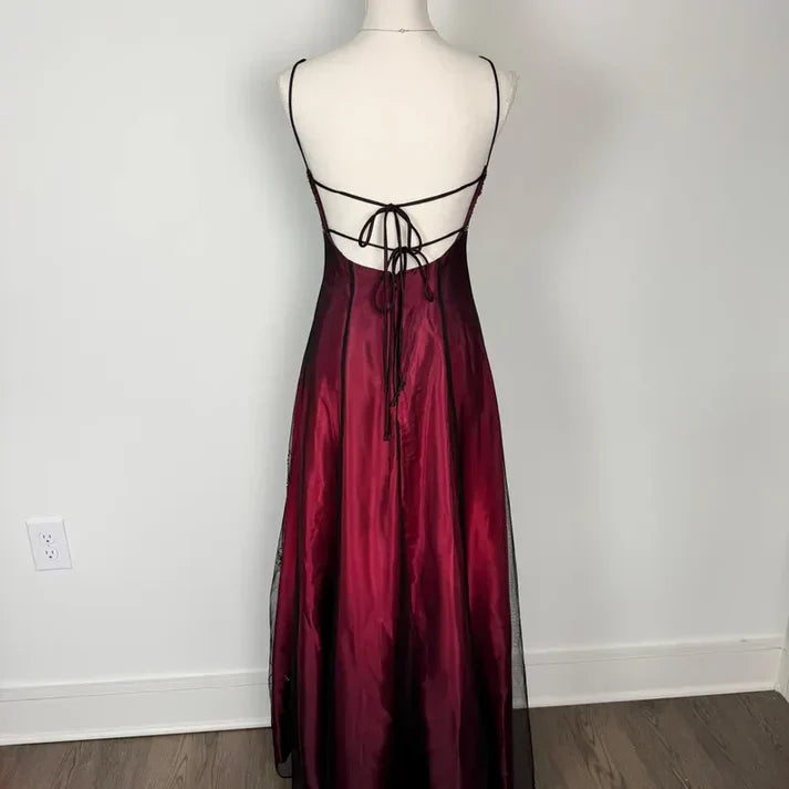 Vintage A Line Spaghetti Strap Beaded Black Chiffon Burgundy Satin Prom Dress Graduation Prom Dress SH2598