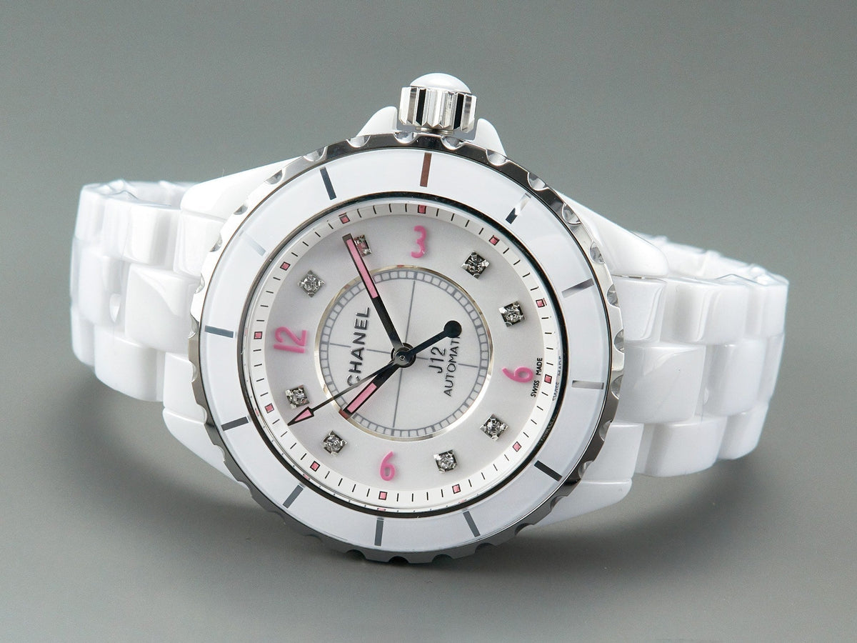 J12 Automatic White Ceramic Pink Diamond Numerals White Dial