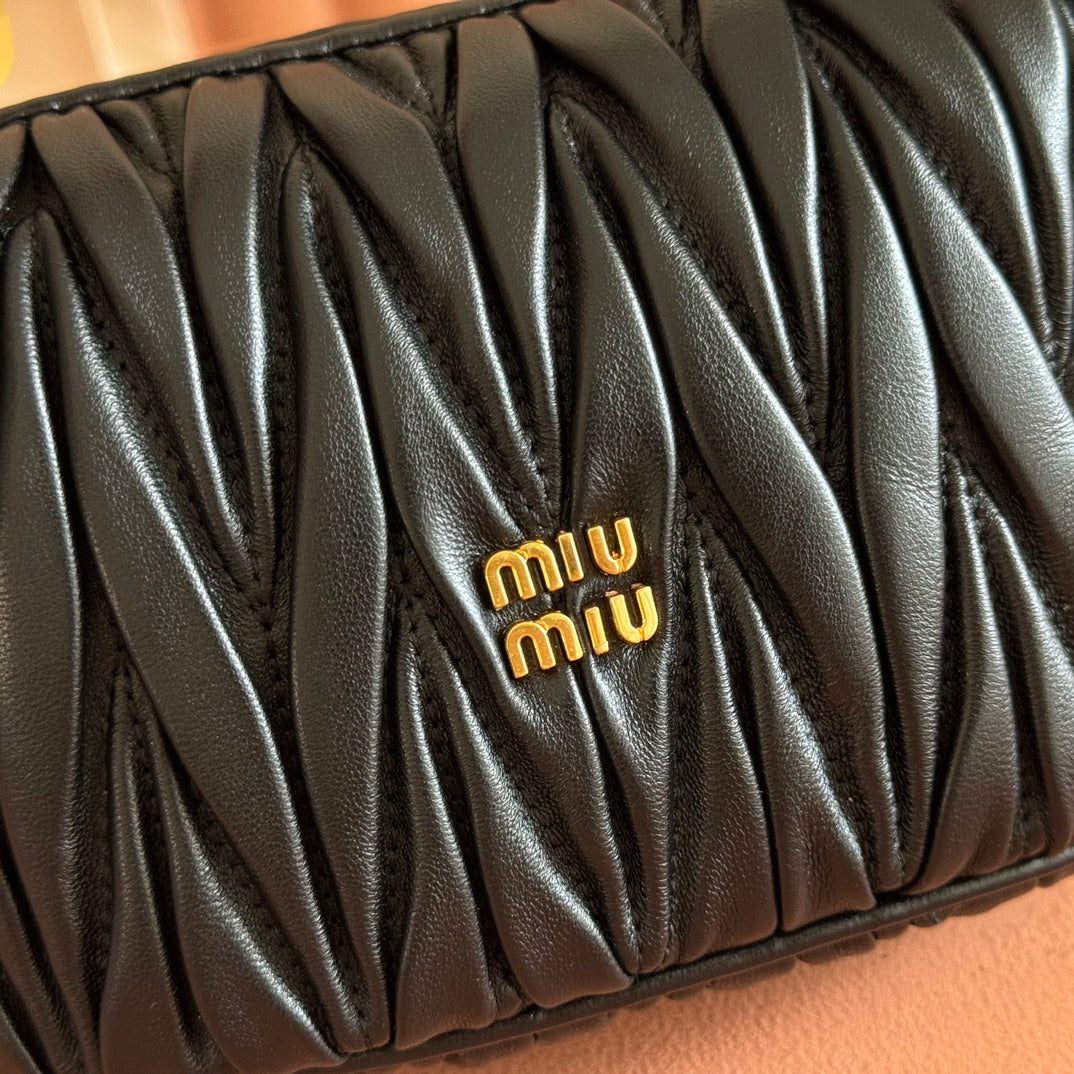 Miu Matelassé Pouch Bag 15cm Black Leather