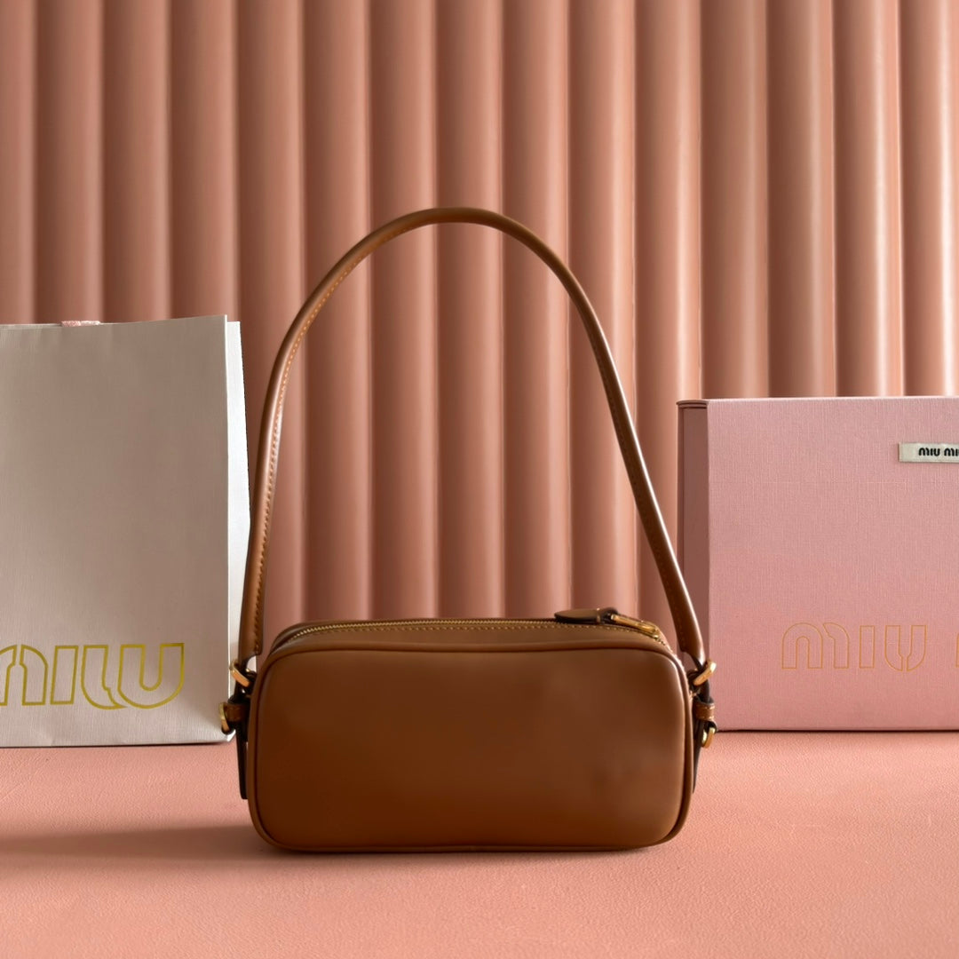 Miu Leather Pouch Bag 20cm Brown Leather