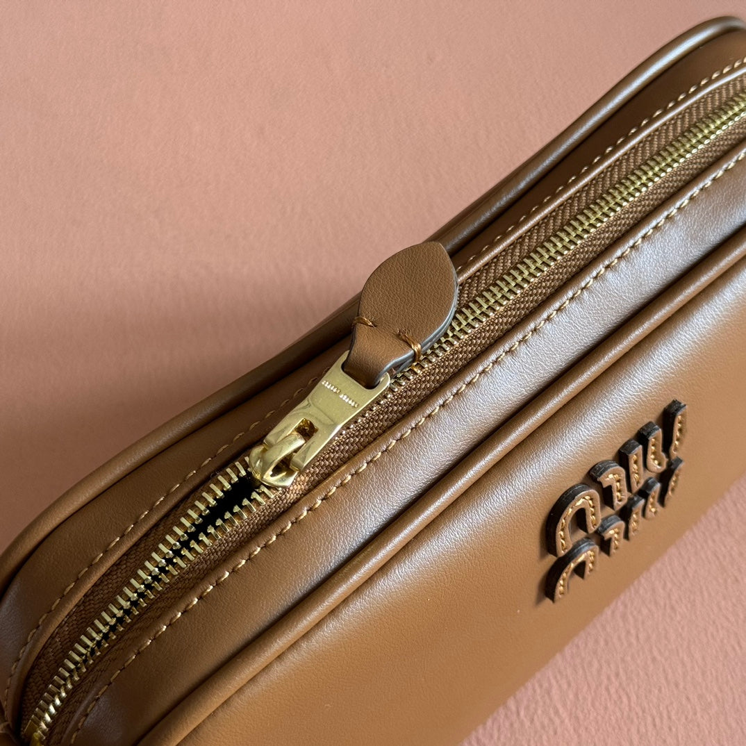 Miu Leather Pouch Bag 20cm Brown Leather