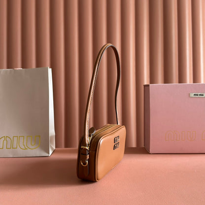 Miu Leather Pouch Bag 20cm Brown Leather
