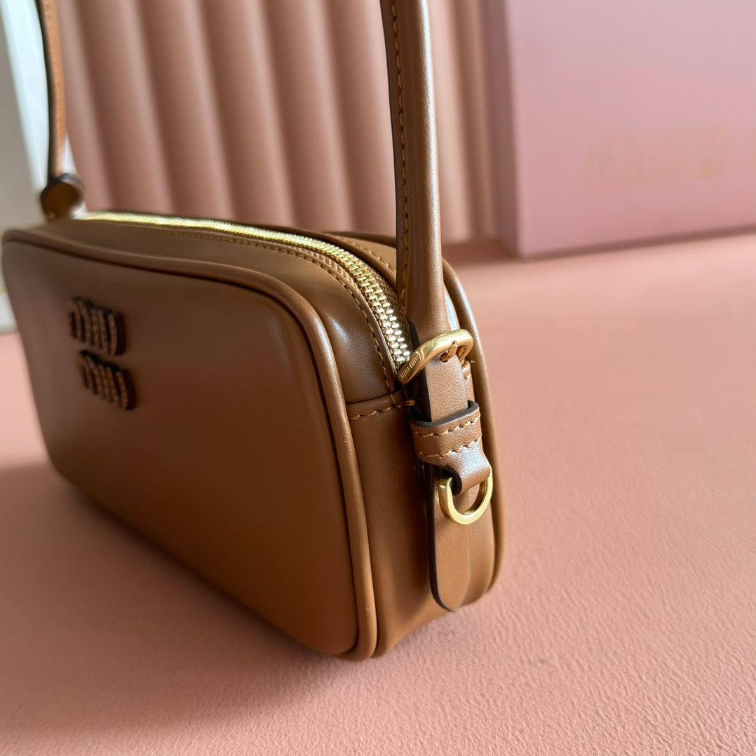 Miu Leather Pouch Bag 20cm Brown Leather