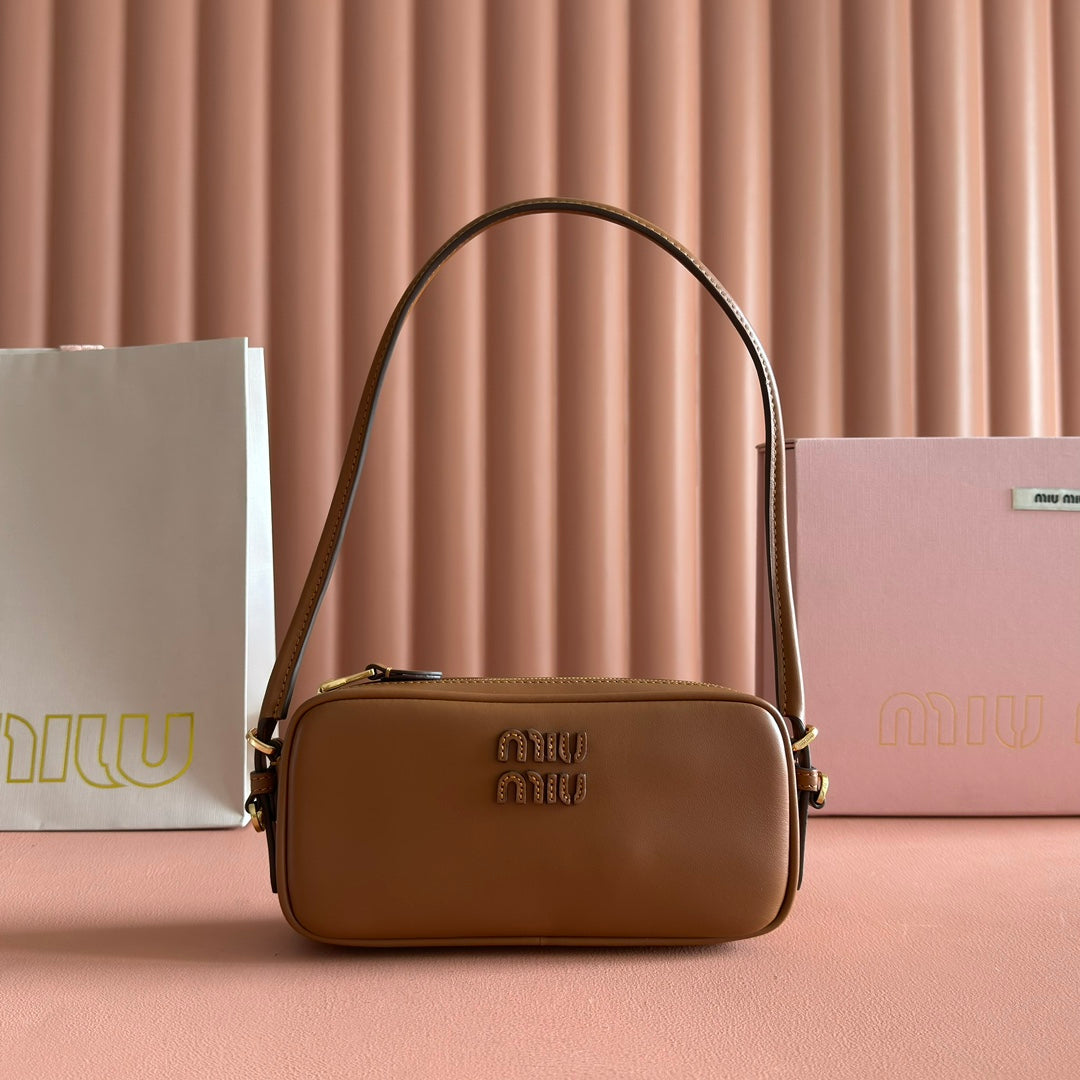 Miu Leather Pouch Bag 20cm Brown Leather