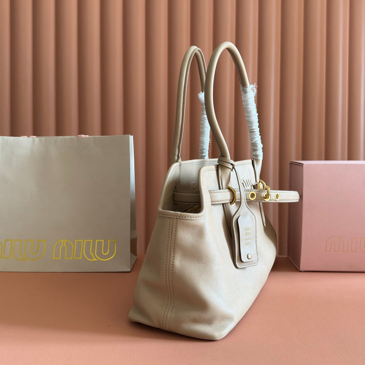 Miu Aventure Shoulder Bag 44cm Beige Nappa Leather