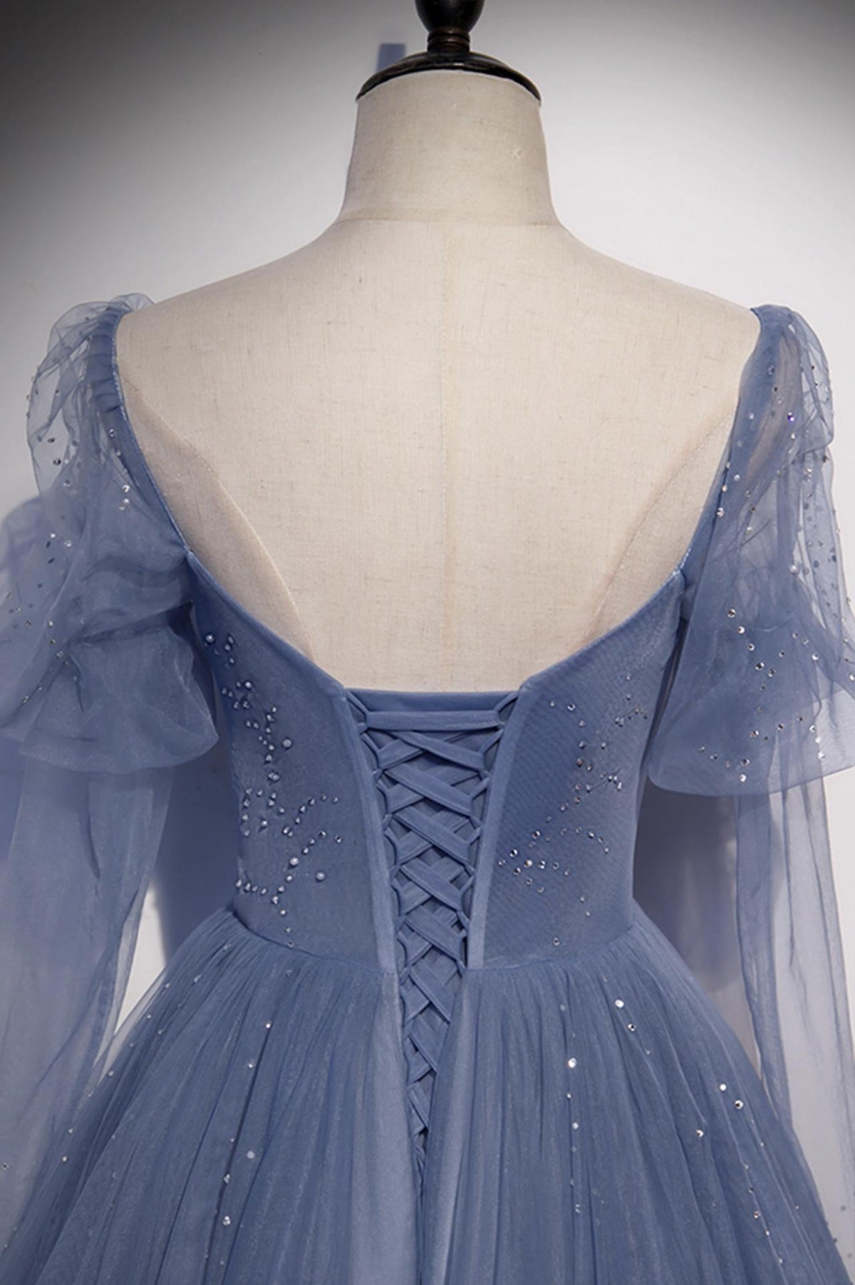 Blue tulle long prom dress A line evening dress M5194