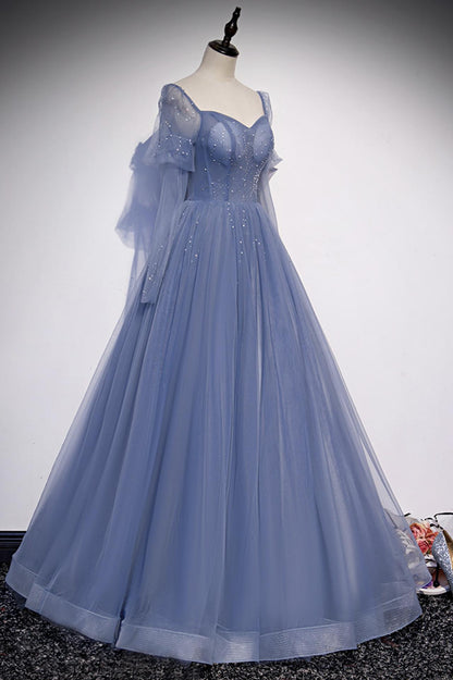 Blue tulle long prom dress A line evening dress M5194