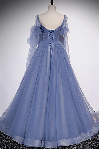 Blue tulle long prom dress A line evening dress M5194