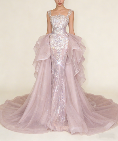 Gorgeous Pink Sequins Mermaid Beading Long Evening Dress Birthday Outfits, D803