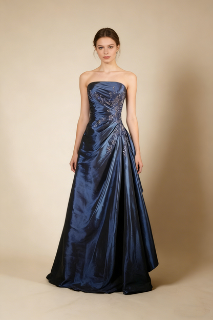 A-Line Navy Blue Strapless Satin Beading Vintage Long Party Dress Evening Dress, D790
