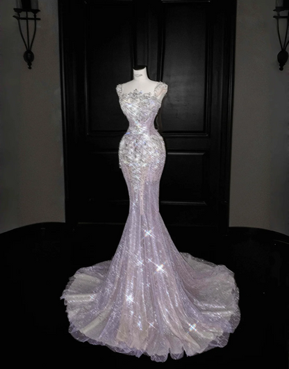 Gorgeous Pink Sequins Mermaid Beading Long Evening Dress Birthday Outfits, D803