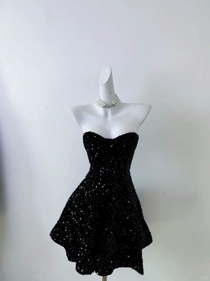 Vintage Black Strapless Sequin A-line Sweetheart Party Dresses Homecoming Dresses, D1336