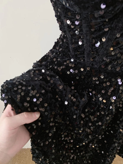 Vintage Black Strapless Sequin A-line Sweetheart Party Dresses Homecoming Dresses, D1336