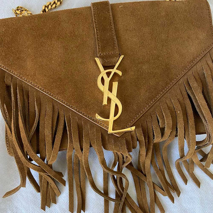 Saint Laurent Monogram Suede Fringe Shoulder Bag