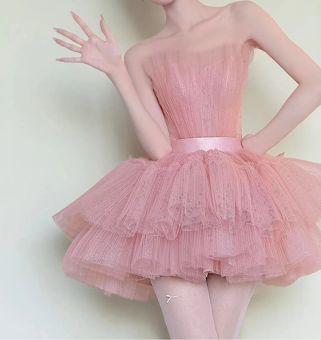 Charming Homecoming Dress Strapless Tulle Lace Short Prom Dress Back to School Outfits Party Dress  D6033