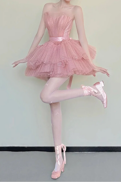 Charming Homecoming Dress Strapless Tulle Lace Short Prom Dress Back to School Outfits Party Dress  D6033